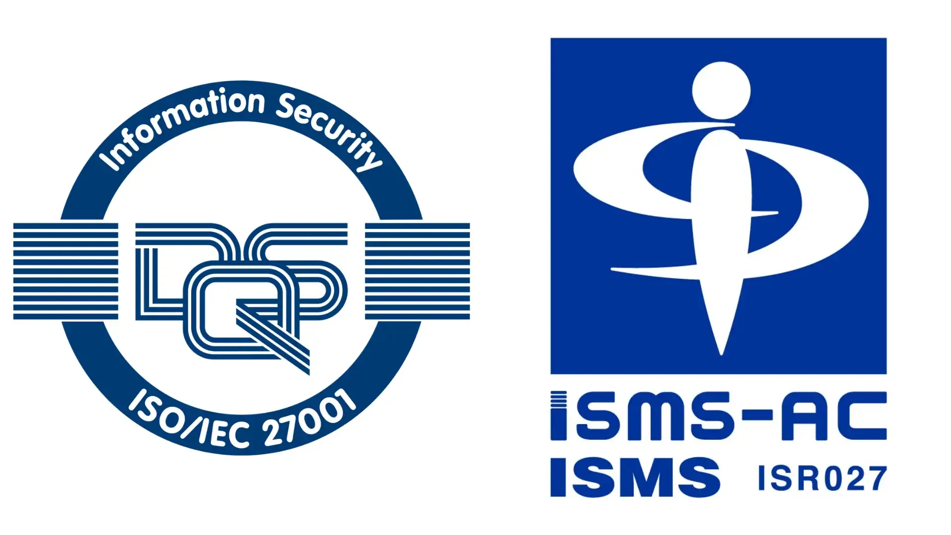 ISO/IEC 27001 認証ロゴ（DQS）および ISMS-AC 認定シンボル（ISR027）